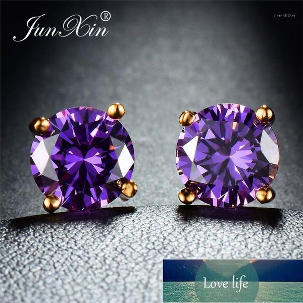 

stud junxin mystic multicolor zircon round earrings for women yellow gold filled purple green blue stone wedding female1, Golden;silver