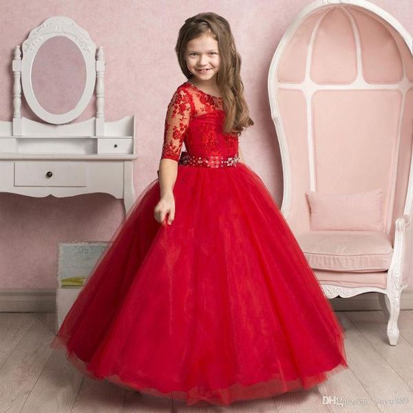 

flower girl dresses lace tulle flowergirl dress spaghetti straps sleeveless puffy pageant gown holy communion for girls girl's, Red;yellow