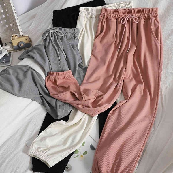 

fashion thin casual solid color cropped trousers summer korean with elastic high waist harem pants straight leg 210420, Black;white