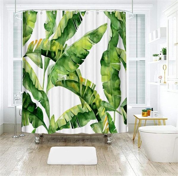 

tropical shower curtain green banana palm leaf waterproof fabric bath accessories set with 12 hooks bathroom decor curtains