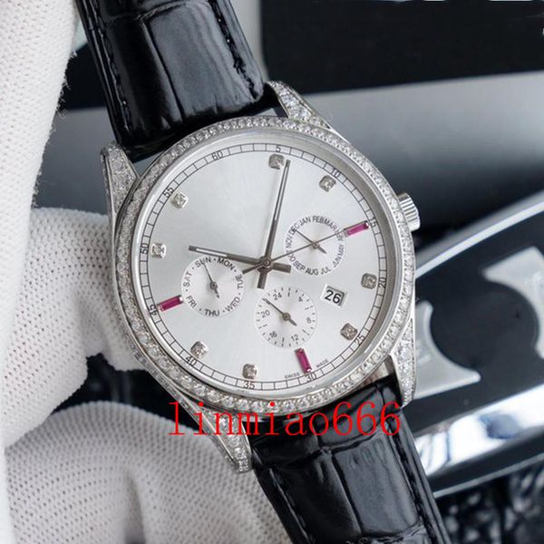 

2021 luxury men's mechanical watch ring diamond 24 hours month display 41mm automatic 316 steel leather strap with original pin buckle, Slivery;brown