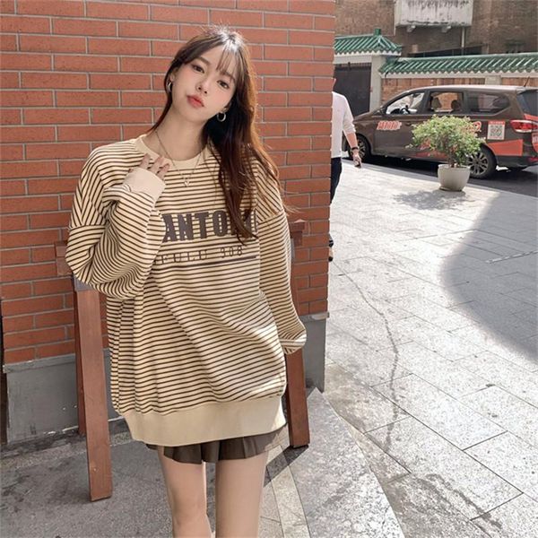

women's hoodies & sweatshirts stripe round collar hoodie female autumn and winter thickened letter printing ins tide loose retro temper, Black