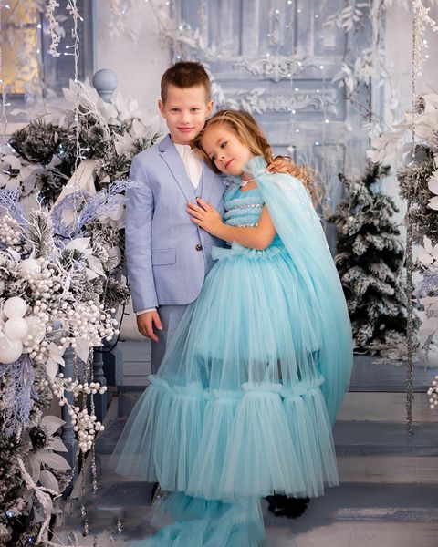 

new puffy tulle flowers infant girls dresses knee length kids clothes princess first birthday dress pageant gown, White;blue