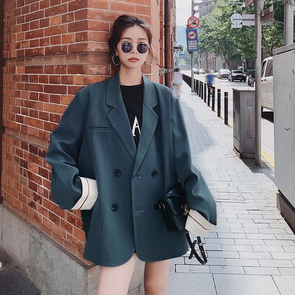 

women's suits & blazers [ewq] korea chic temperament army green blazer autumn 2021 notched loose double breasted long sleeve suit jacke, White;black
