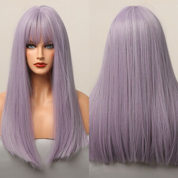 

long light purple silky straight synthetic wigs with full bangs colorful wigs for women cosplay daily use heat resistant fiber, Black