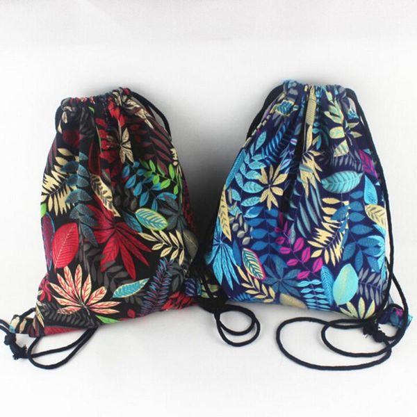 

backpack 2021 drawstring backpacks canvas vintage school bag rucksack sack summer leaf pattern girls harajuku travel beach