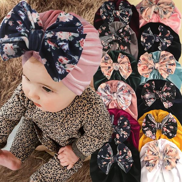 

caps & hats autumn winter baby hat flower printed big bow girl bonnet warm velvet kids children beanie cap turban headwraps, Yellow