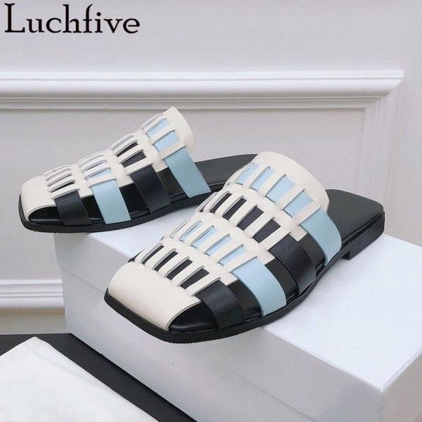 

slippers knitted patchwork flat mules women square toe slip on slides ladies shoes casual outdoor woman flats blue white sandals, Black