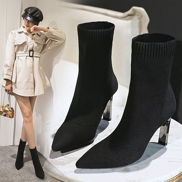 

elastic knitted sock's 2021 autumn and winter thick middle tube pointed thin high heel short boots, Black
