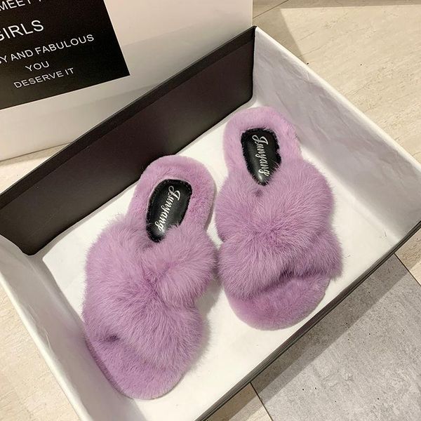

warm brand women winter slippers plush basic female flat fur ladies, Black