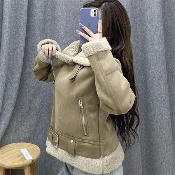 

women's down & parkas 2021 autumn and winter plush thickened lapel fur integrated suede locomotive cotton jacket, Black