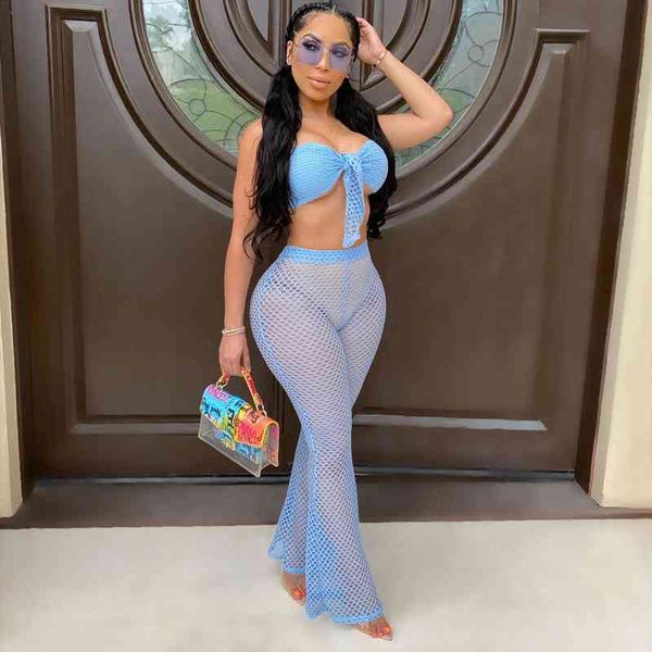 

women two piece set fishnet hollow out crop wige leg pants summer see through 2 piece beach outfits, White