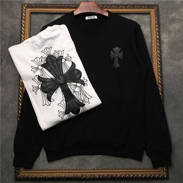 

2020 autumn winter tide brand new back three dimensional embroidery pu leather cross pattern sweater men's and, White;black