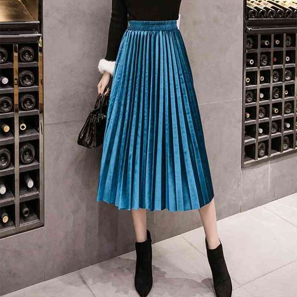 

autumn winter velvet skirt high waisted skinny large swing long pleated skirts metallic plus size 3xl midi saia, Black