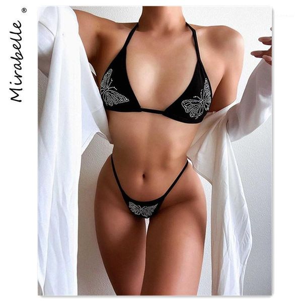 

women's swimwear 2021 butterfly print rhinestone bikini mini thong set women 2 pieces swimsuit feamle brazlian biquini bathing suit, White;black