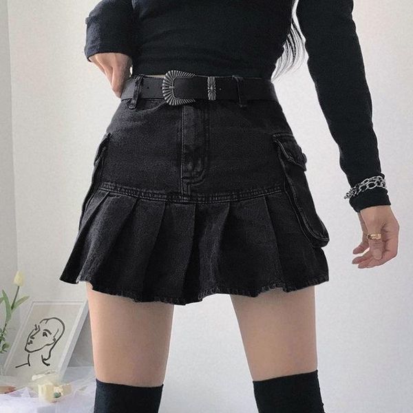 

skirts lady pocket high waist slim zipper casual street women black cool punk gothic mini denim skirt 2021 hipster