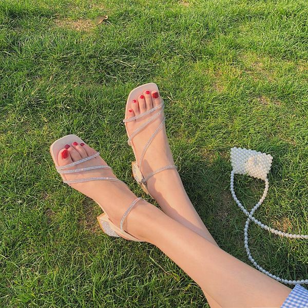 

dress shoes sandals female 2021 summer rhinestone fairy wind high heels word buckle korean version of simple wild, Black