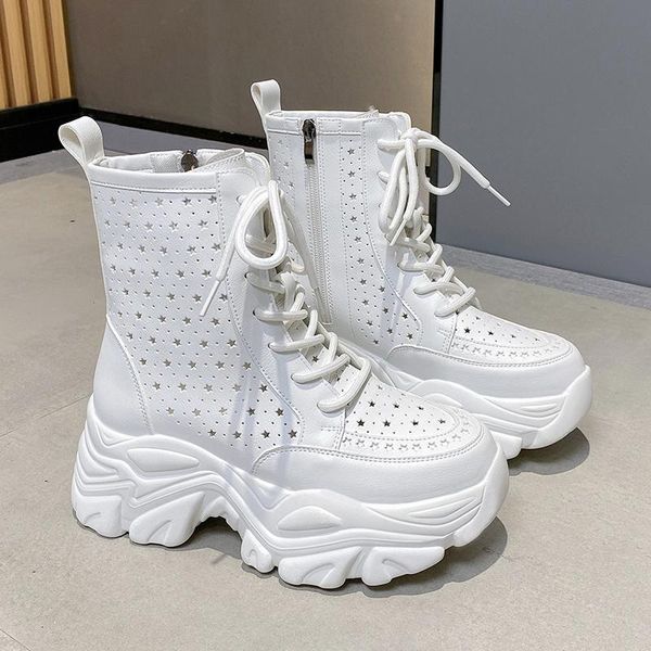 

boots autumn leather ankle women hollow 7cm high heels round toe breathable platform sneaker thick bottom white wedge, Black