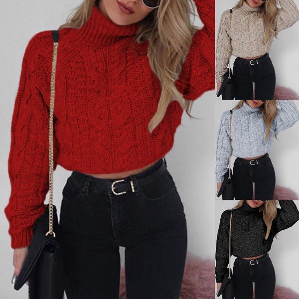 

women's sweaters fashion winter women solid color high neck long sleeve knitted cropped sweater cszo, White;black