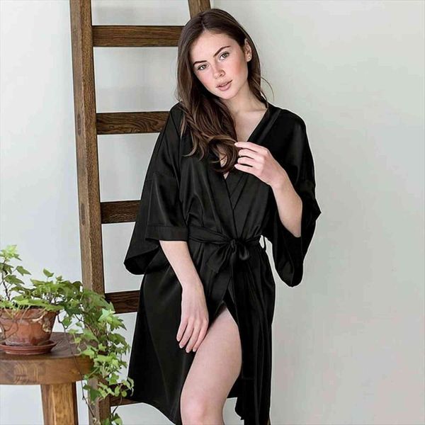 

satin bathrobe home women sleepwear robe three quarter sleeve black silk with sashes nightgown spring, Black;red