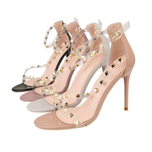 

thin heel super high heel rivet shallow mouth pointed nightclub hollow out one line with transparent sandals, Black
