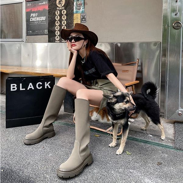 

boots women winter riding motorcycle knee-high genuine leather autumn shoes round toe casual, Black