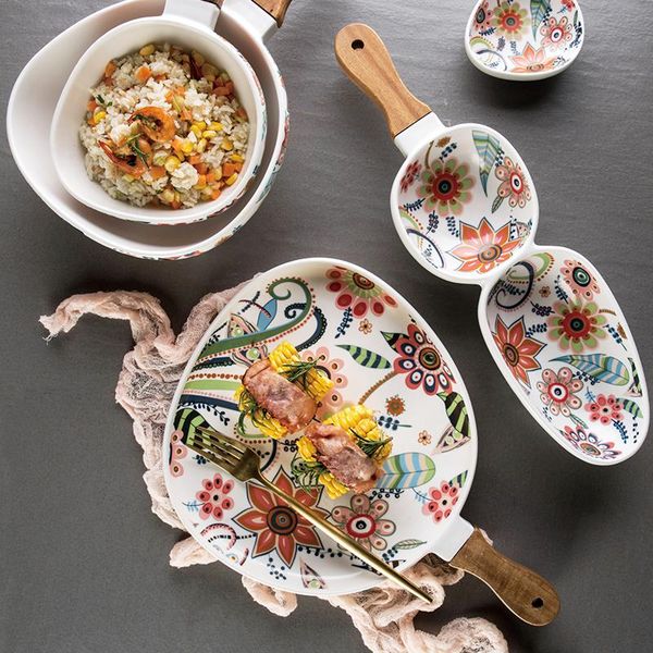 

dishes & plates nordic tableware matte glaze ceramic el creative fruit plate home with wooden handle rice bowl noodle salad dish