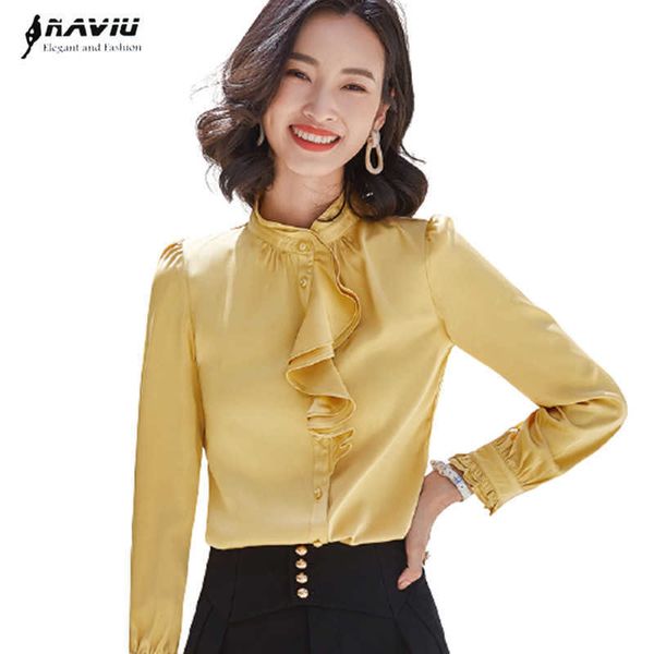 

ruffles chiffon blouse autumn fashion temperament stand collar design long sleeve office ladies work 210604, White