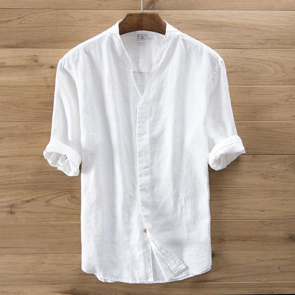 

men's casual shirts 2022 half sleeve summer linen shirt solid comfortable male pullover stand loose dress, White;black
