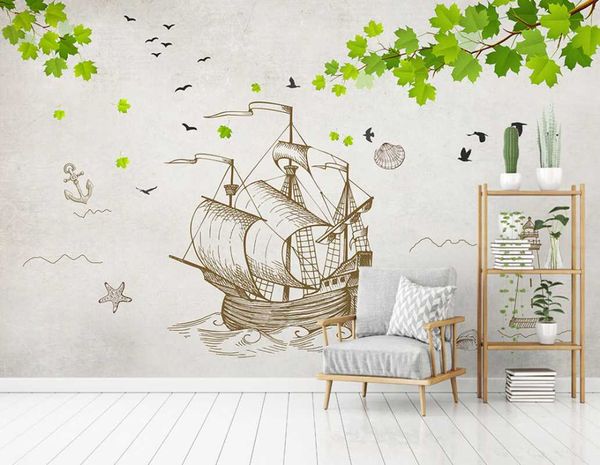 

wallpapers custom background wall hand-painted line sailing leaf bedroom living room mural wallpaper 3d for