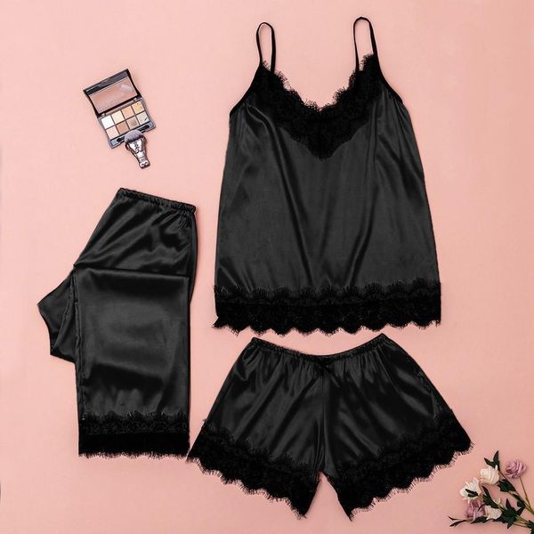 

3pcs women sleepwear satin lingerie underwear babydoll silk nightgowns amp sleepshirt nightwear strap solid color lace set, Black;red