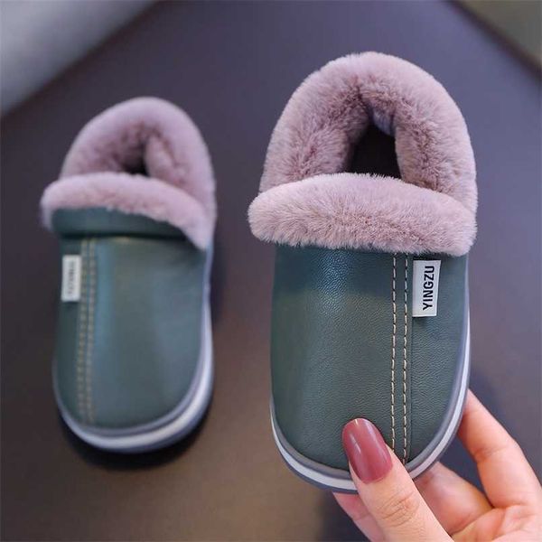 

winter children warm shoes for boy girl cotton slippers pu leather baby kid indoor cotton shoes fashion home hairy casual shoes 132, Black;grey