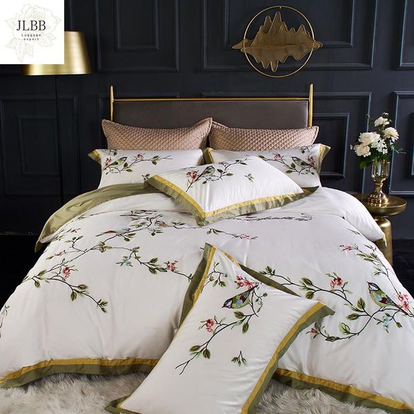

bedding sets chinese style flower bird embroidery 100s egyptian cotton white gray duvet cover bed sheet linen pillowcases set