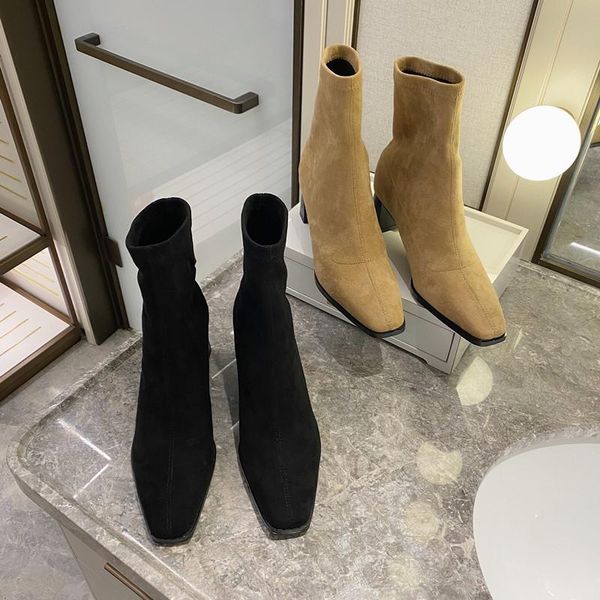 

boots fashion women sock square toe slip on thick high heels beige/black spring/autumn ladies stretch booties woman