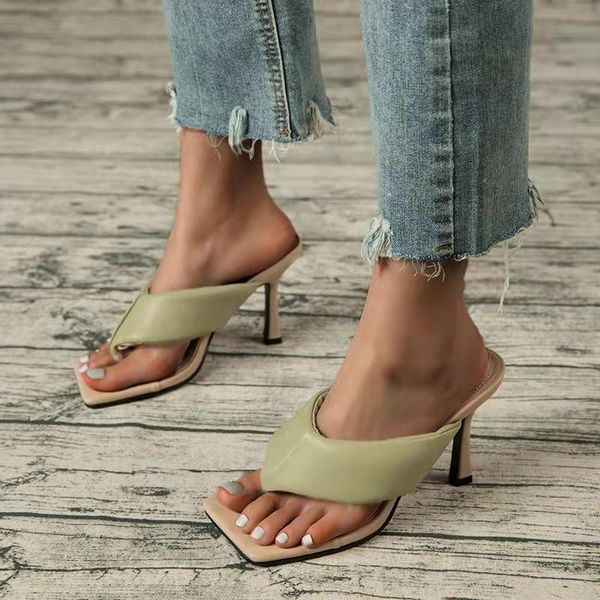 

sandals fashion women's plus size 2021 summer square toe stiletto flip-flops high heel slippers ladies club office shoes, Black