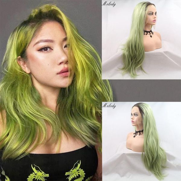 

melody cosplay lace front long green with dark root silky straight synthetic wigs for black women heat resistant fiber hair1