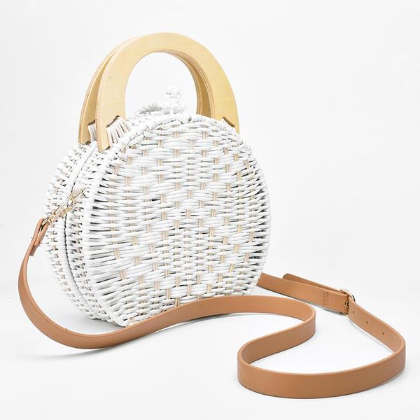 

evening bags 2021 woman fashion wooden handle rattan knit bag camel white straw shoulder messenger
