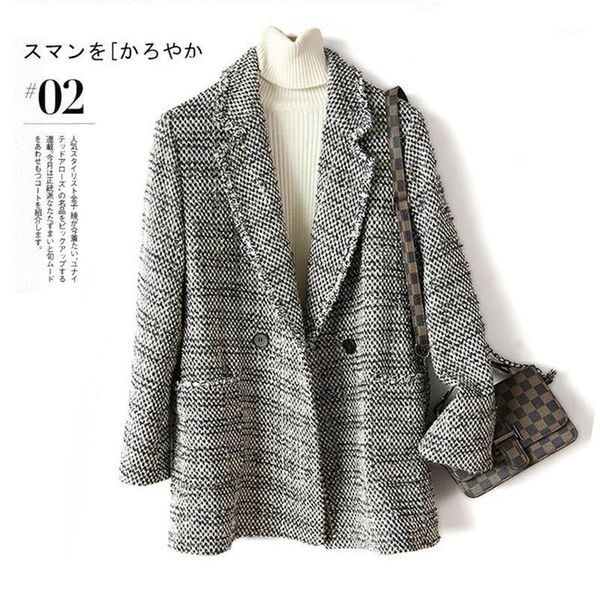 

elegante tweed coat abrigos mujer turn-down collar pockets slim high street women jacket 2021 items women's wool & blends, Black