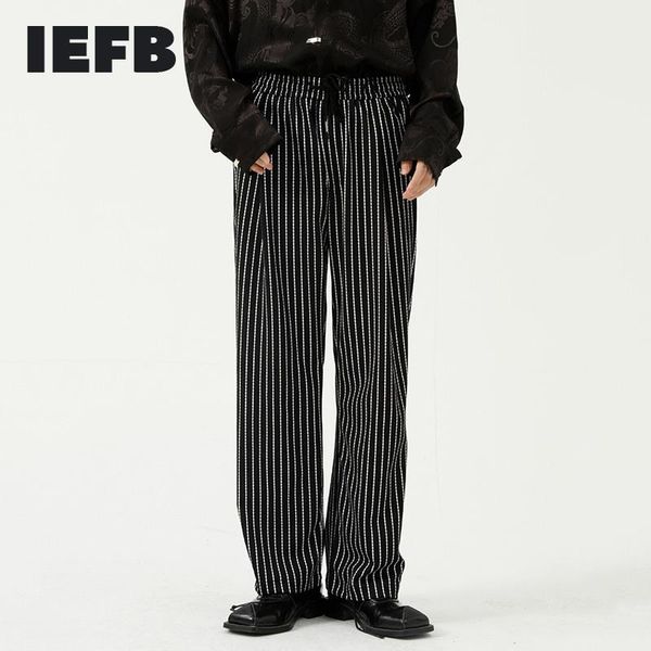 

men's pants iefb loose straight tube stripe design 2021 autumn wide leg casual drawstring high waist trousers black 9y8563