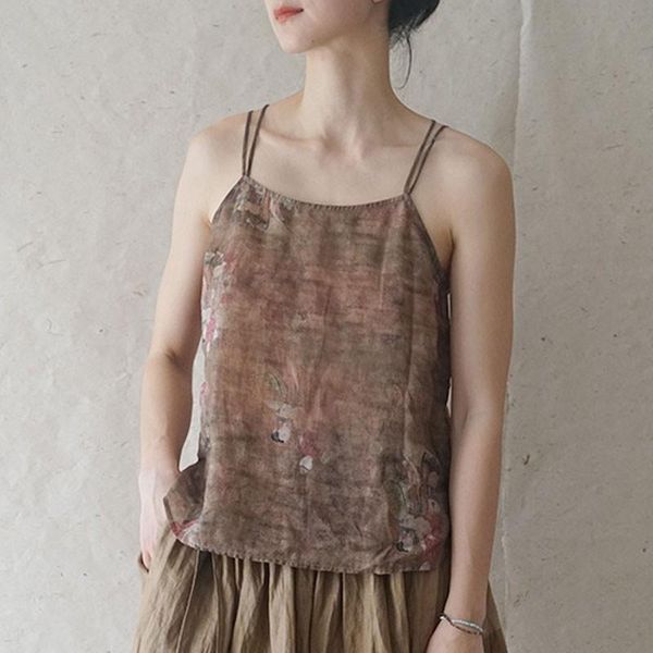 

women's tanks & camis johnature cotton linen retro print bottoming short suspenders 2021 summer simple leisure comfortable all-match wo, White