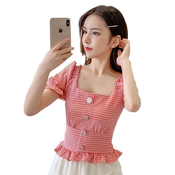 

brand women cute square neck puff sleeve plaid shirt tunic ladies summer blouse chemise camisas blusas women's blouses & shirts, White