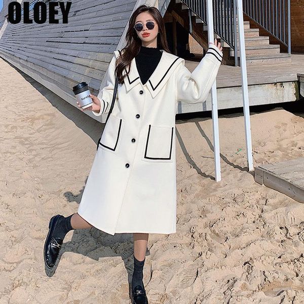 

women's wool & blends girl double breasted woolen coat vintage korea one piece jacket cardigan 2021 winter fashion women long sleeve ov, Black