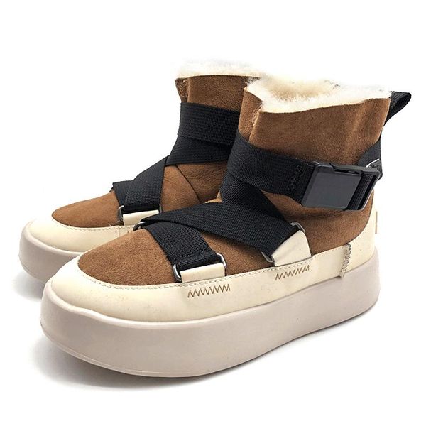 

boots snow women plus wool ankle shearling fur slip on platform thick bottom boot strap 2021 winter shoes, Black
