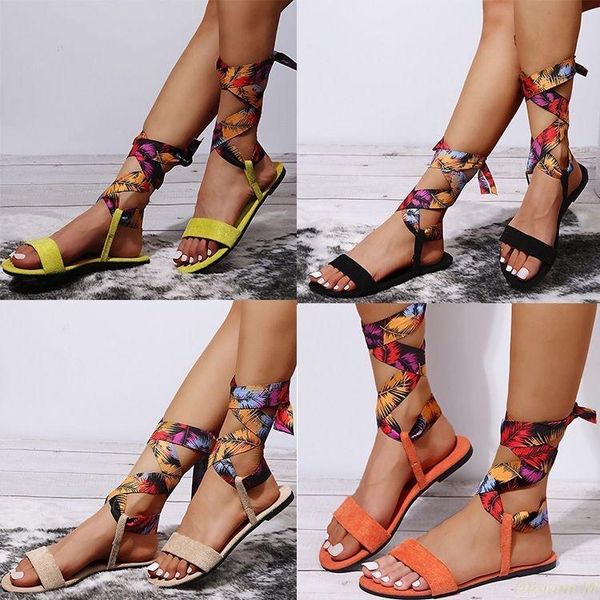 

sandals 2021 summer european and american silk scarf lace-up flat-bottom fashion women's, Black