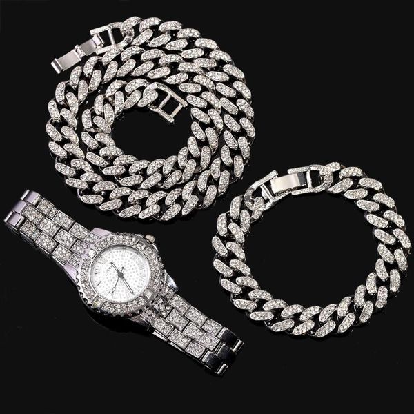 

chokers hiphop silver color cuban necklace+watch+bracelet for women men miami curb chain full rhinestones rapper necklace jewelry, Golden;silver