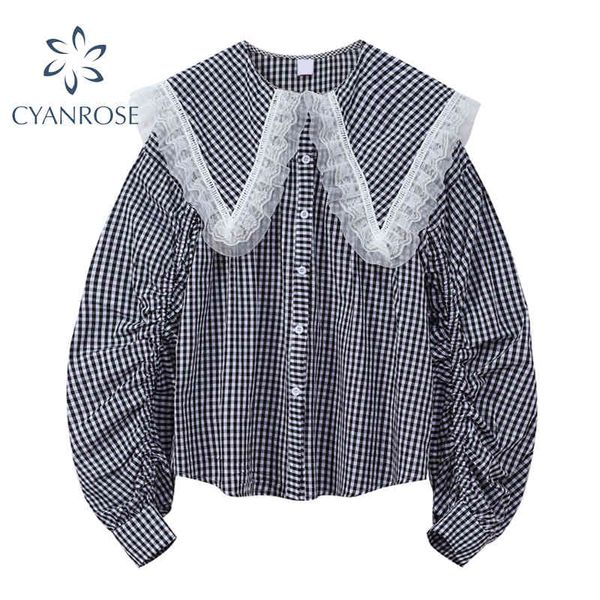 

women's sailor collar blouses fashion puff long sleeve 2 color cardigan elegant shirts korean work loose vintage ins blusas 210417, White