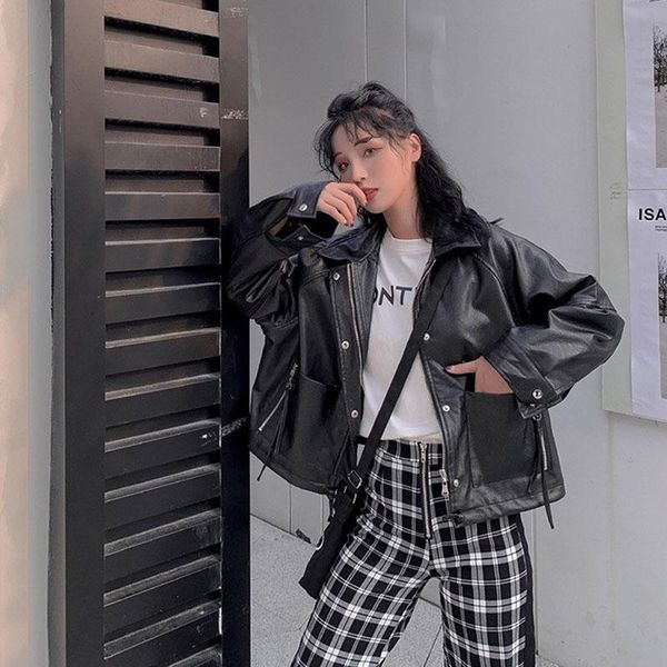 

women's leather & faux mujer chaqueta autumn chic tassel zipper big pocket short jacket women loose motorcycle biker streetwear, Black