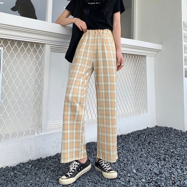 

korean style plaid pants spring fashion 2021 wide leg pant women lattice print high waist plus size pants women, Black;white