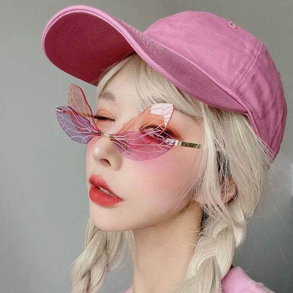 

outdoor eyewear fashion rimless dragonfly wing sunglasses women vintage clear ocean lens men pink yellow sun glasses shades uv400