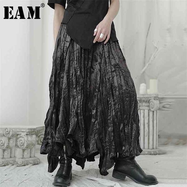 

[eam] high elastic waist black pleated irregular long temperament half-body skirt women fashion spring autumn 1u965 210724